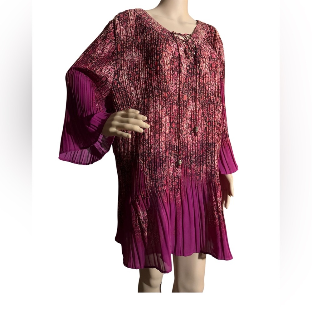 Catherine's Embroidered Drama Berry Tie Neck Accordion Bell Sleeve fuchsia 3X